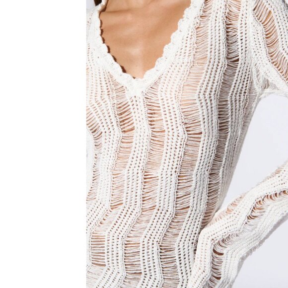 Callie Lives White Distressed AKIRA Can’t Cover Me Crochet Tunic Mini Dress S M - Picture 5 of 9